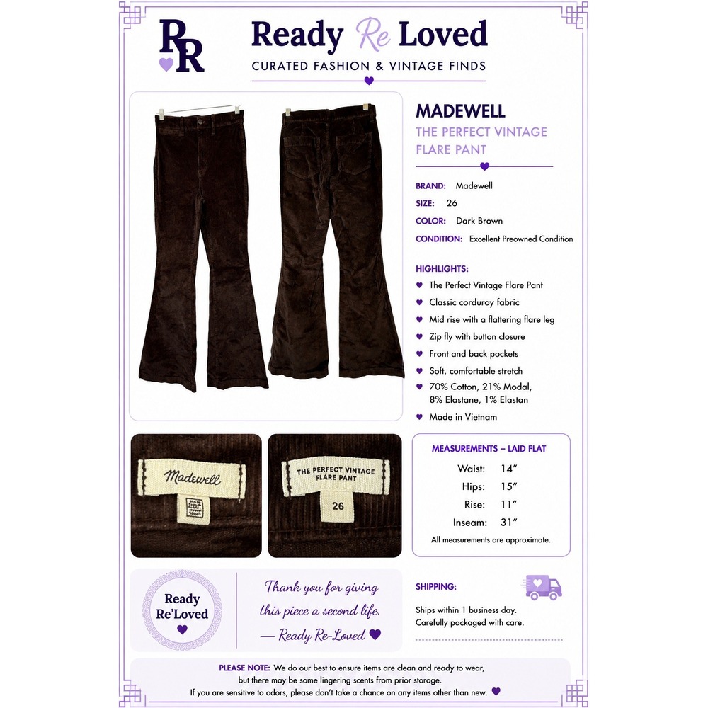 Madewell The Perfect Vintage Flare Corduroy Pants Size 26 Dark Coffee Brown - Picture 8 of 8